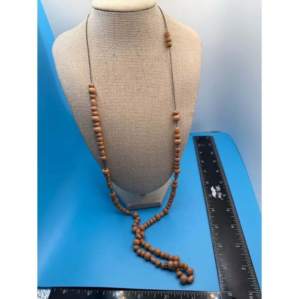 J. Crew Long Beaded Necklace Silver Tone Chain Tan Wood Beads‎ Crystal Accents